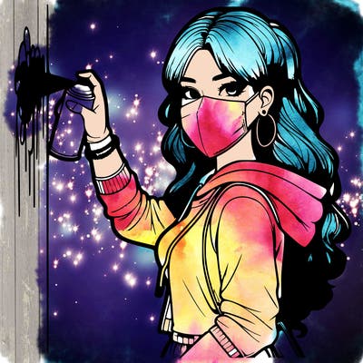 realistic girl with mask spray painting a wall