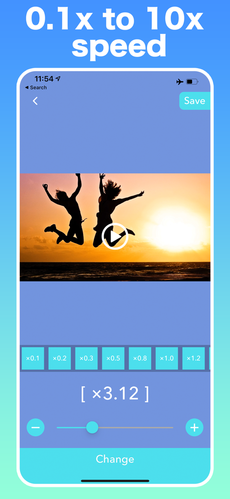 Video Speed Editor - VBooster - VBooster mobile app interface showing video speed adjustment slider and presets from 0.1x to 10x with a sunset video preview