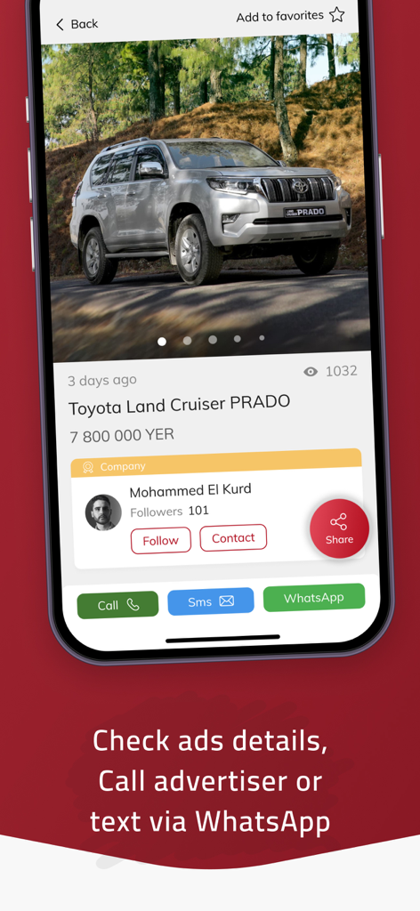 Yemen Mazad يمن مزاد - Toyota Land Cruiser listing on the Yemen Mazad app showing price and contact options