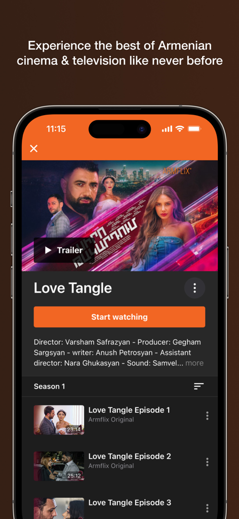 ArmFlix mobile app interface showing the Armenian series Love Tangle with an episode list and start watching button