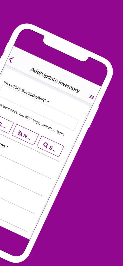 Asset & Inventory Tracker - Ventipix App-Oberfläche, die den Bildschirm zum Hinzufügen von Inventar mit Barcode- und NFC-Scanoptionen anzeigt.