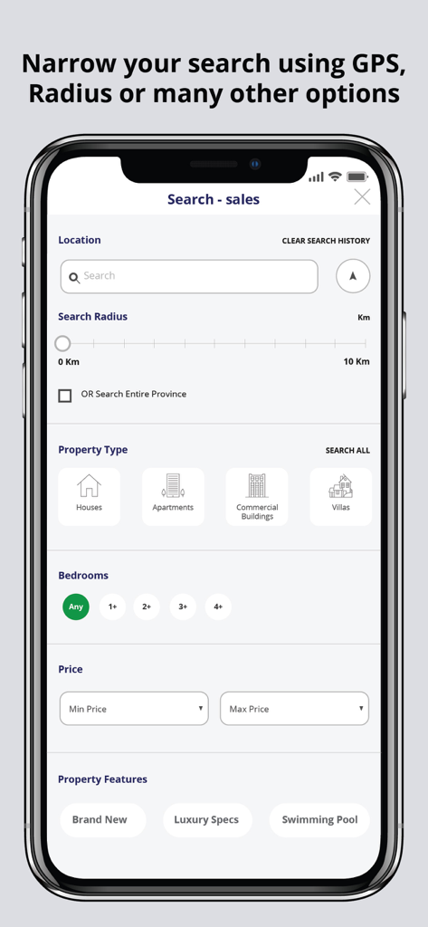 LankaPropertyWeb Property App - Interface of the Lanka Property Web app showing advanced search filters for Sri Lankan real estate including property type and radius