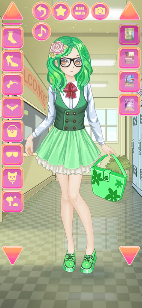 An anime girl with green hair and glasses wearing a school uniform in the Anime Kawaii Dress Up app interface