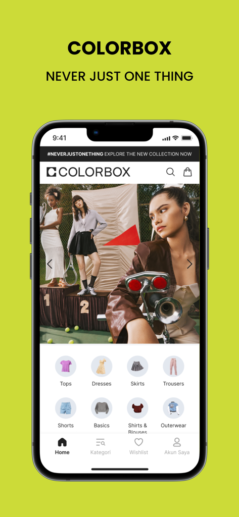 Z세대를 위한 패션 트렌드와 의류 카테고리를 보여주는 Colorbox 모바일 쇼핑 앱 홈 화면.