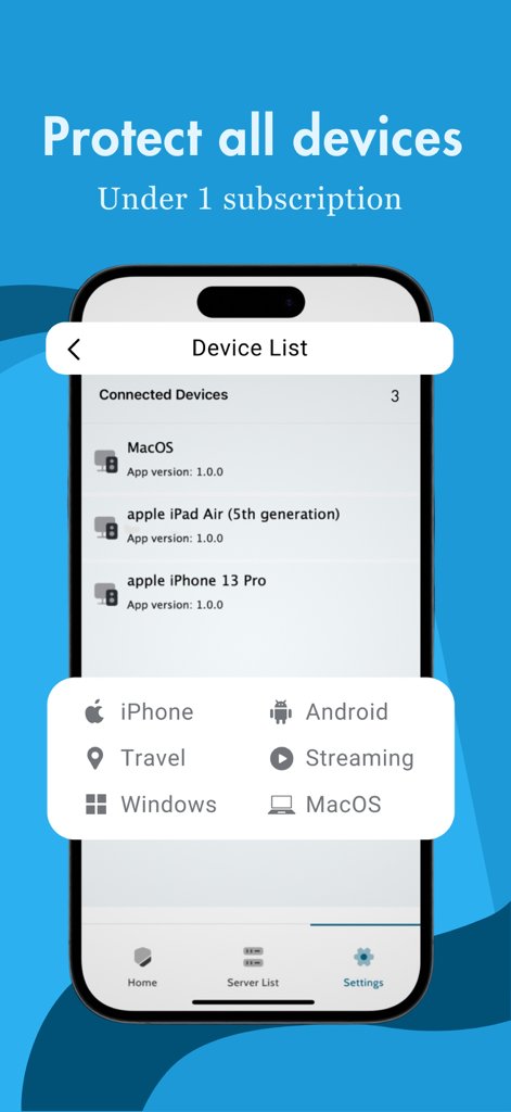 Una interfaz móvil que muestra una lista de dispositivos conectados que incluyen MacOS, iPad y iPhone bajo una sola suscripción VPN.