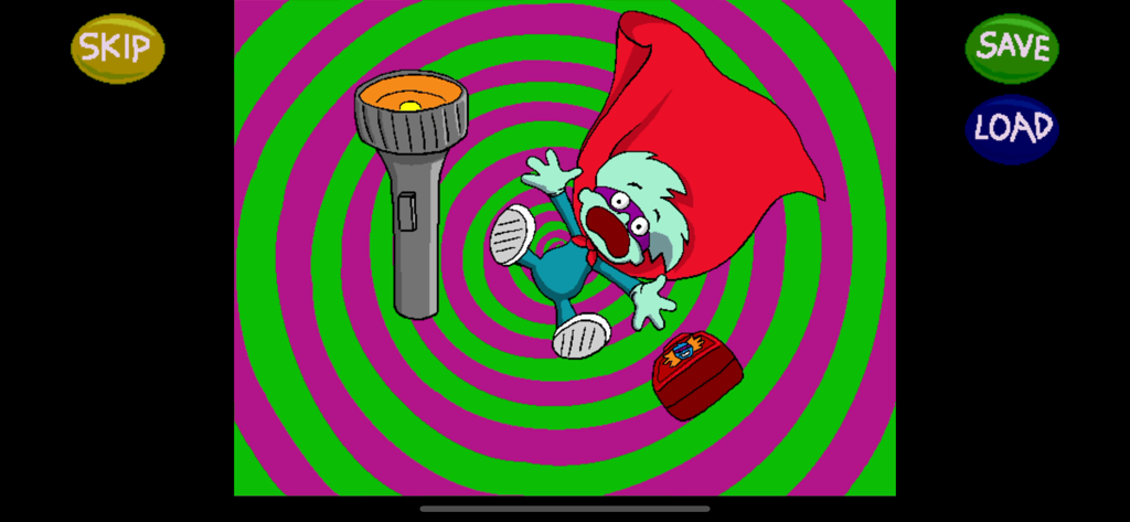 Pajama Sam falling through a green and purple spiral with his flashlight and lunchbox