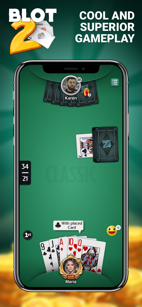 Blot 2 - Blot 2 mobile app gameplay interface showing a two player card match on a green table