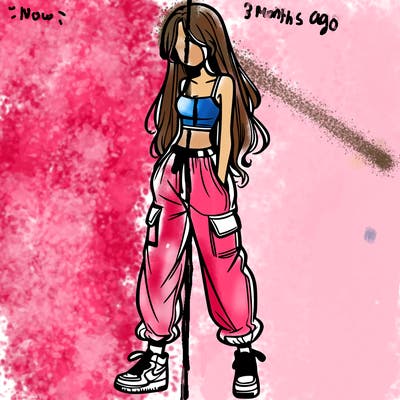 girl in baggy pants crop top and long hair