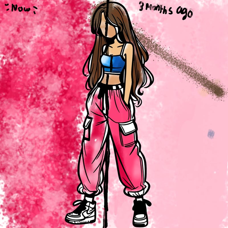 girl in baggy pants crop top and long hair