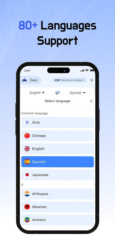 Seer Translator:AI Translation - Smartphone screen showing Seer Translator app with a list of over 80 supported languages for translation.
