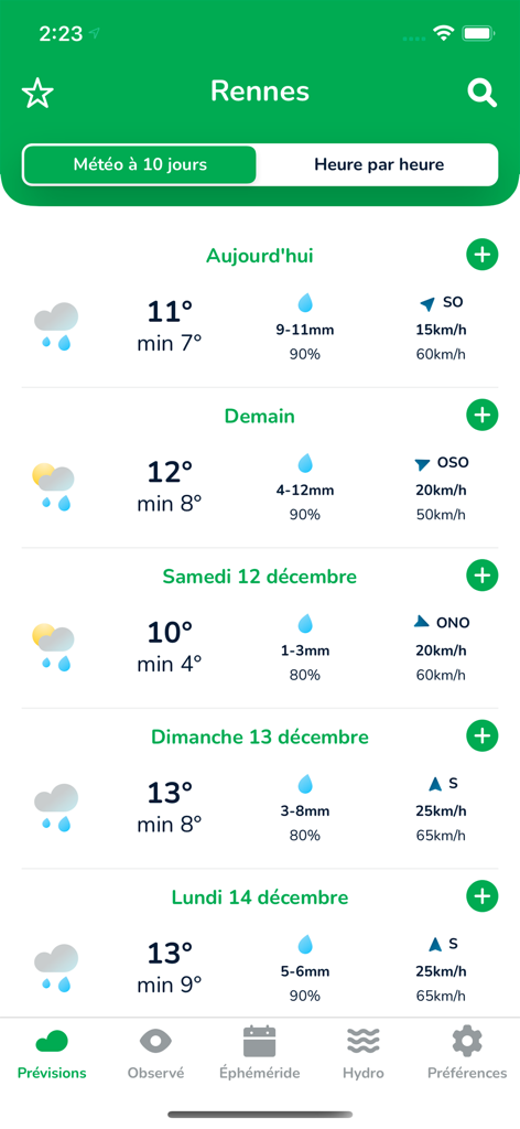 La météo agricole - Captura de pantalla de la aplicación La météo agricole mostrando un pronóstico meteorológico agrícola detallado de 10 días que incluye datos de temperatura, precipitación y viento.