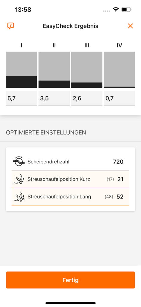 mySpreader - mySpreader app showing EasyCheck distribution results and optimized spreader settings