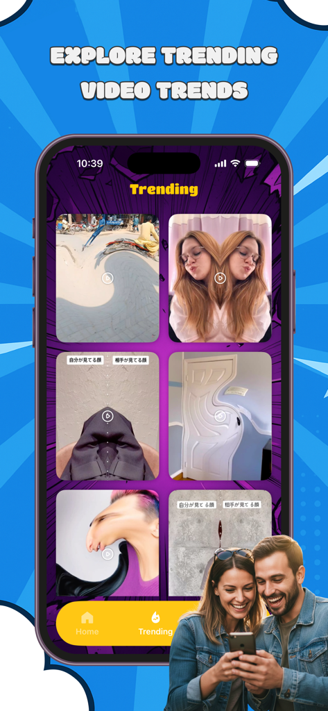 Trending screen in the Whirlpool Challenge Filter app showing a gallery of viral video distortion effects.