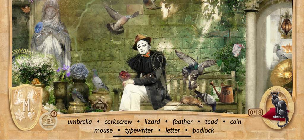 A hidden object game screen showing a mime sitting in a Parisian courtyard with a list of items to find at the bottom