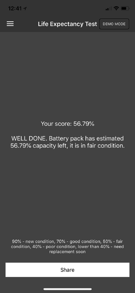 Dr. Prius / Dr. Hybrid - Dr. Prius app displaying a hybrid battery life expectancy test result of 56.79 percent capacity