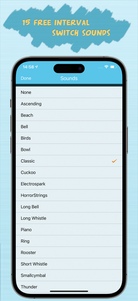 Best Interval Timer - Selection menu showing different interval switch sounds in the Best Interval Timer app