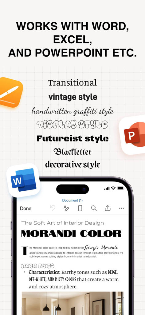 Benutzeroberfläche der Fonts-App, die die Kompatibilität mit Word, Excel und PowerPoint anzeigt, einschließlich verschiedener kreativer Schriftartenstile