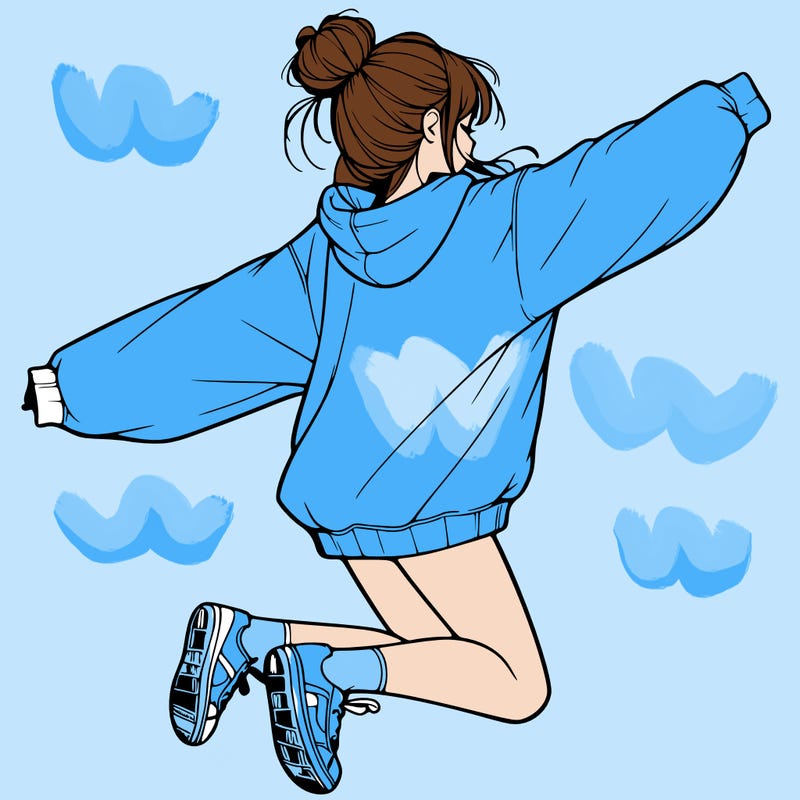 realistic girl jumping with a bun and oversized sweatshirt