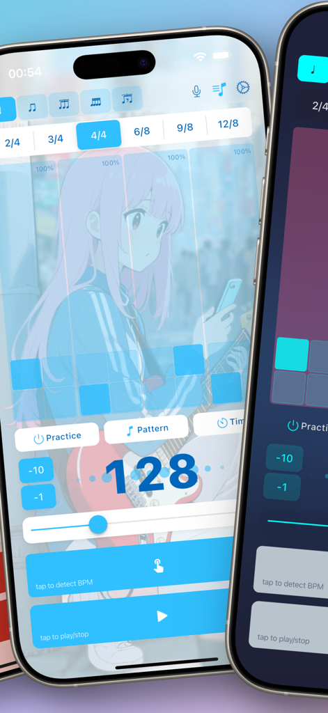 Interface de l'application Metronom sur smartphone affichant les commandes de tempo et les paramètres de signature rythmique