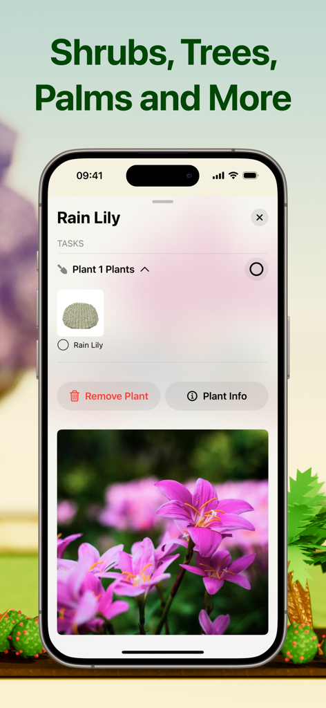 Flourish Garden - Smartphone screen displaying the Rain Lily plant details and photo in the Flourish Garden app.