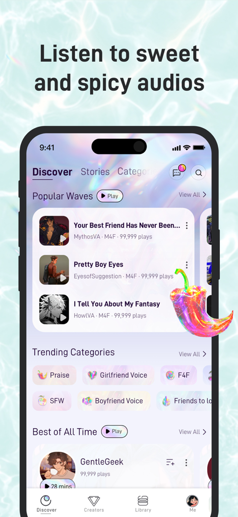 MagicWave: Spicy Audio Stories - MagicWave app discover screen showing popular romance audio stories and trending categories like boyfriend voice and friends to lovers