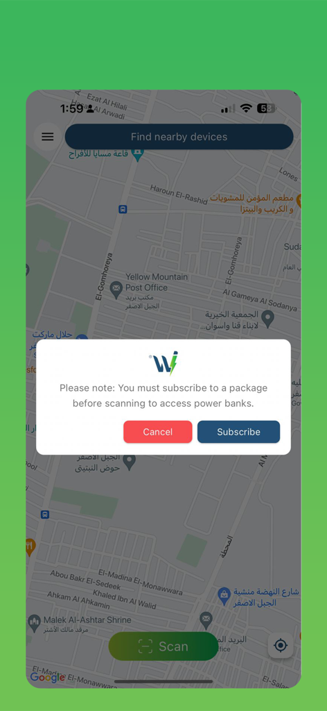 Witty Solutions - Witty Solutions mobile app interface showing a map of power bank stations with a subscription requirement pop up notification