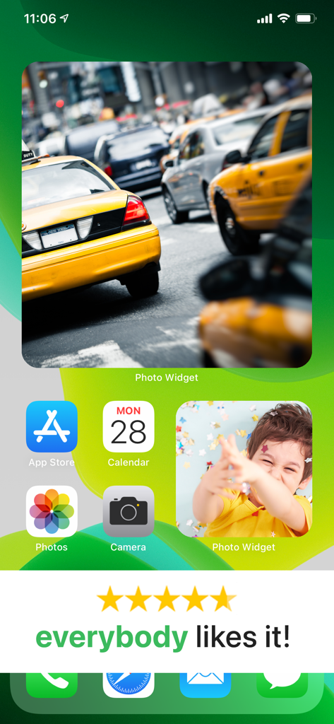 Photo Widget. - iPhone home screen displaying different sized photo widgets with city and family photos