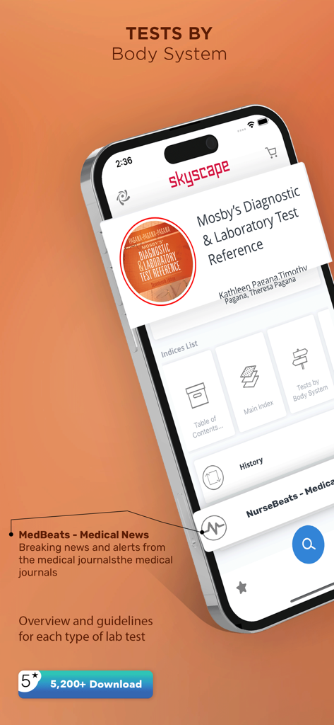 Mosby’s Diag and Lab Test Ref - Mosby's Diagnostic and Laboratory Test Reference app interface showing tests by body system and clinical indices