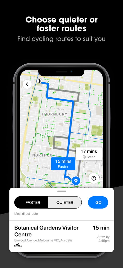 Arevo: VIC Journey Planner - Arevo app screen showing faster and quieter cycling route options on a city map