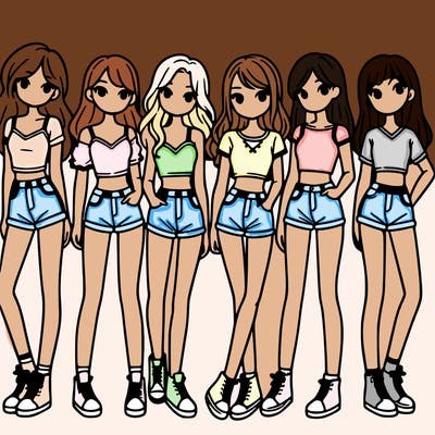 a group of girls wearing crop tops and shorts