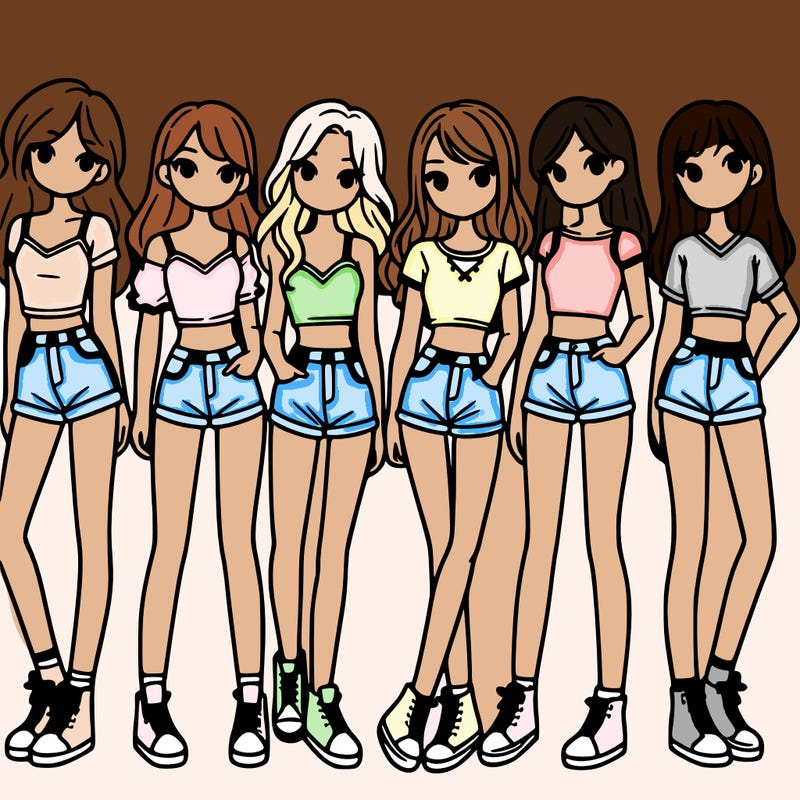 a group of girls wearing crop tops and shorts