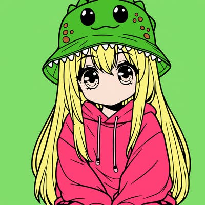 girl with anime shaped eyes with a dinosaur bucket hat oversized sweatshirt long straight hair