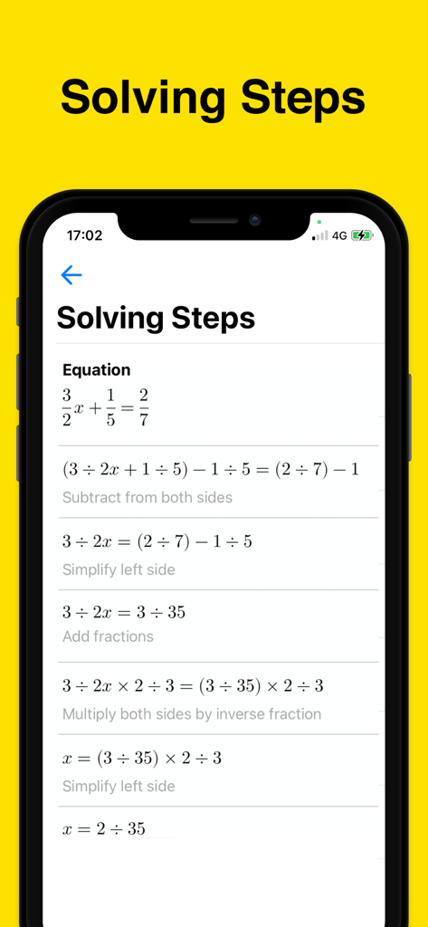 Math Scanner - Math Scanner app interface showing step by step explanations for solving an algebra equation