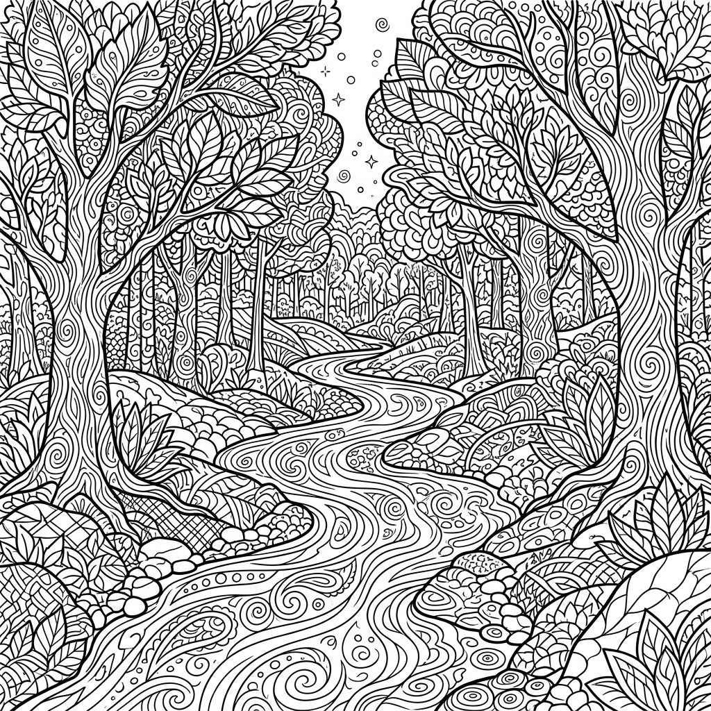 Zentangle Forest River Coloring Page | Nature Patterns