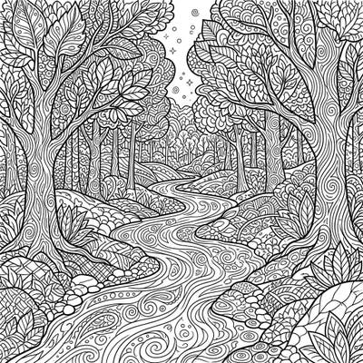 Immerse yourself in nature with this stunning Zentangle forest river coloring page. Discover intricate patterns woven into every tree, leaf, and ripple of the winding creek.