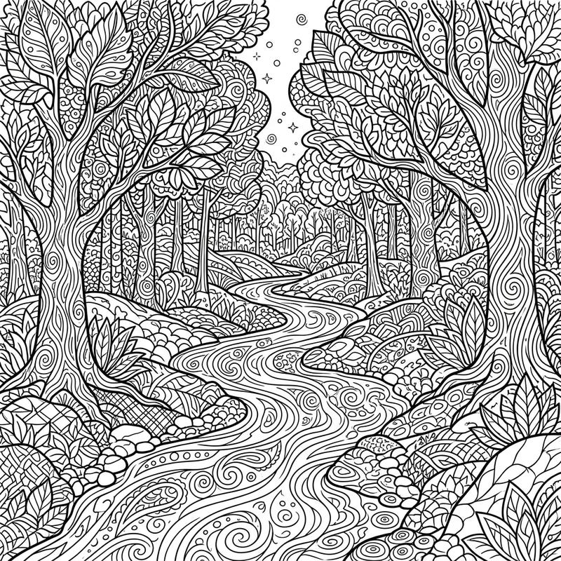Immerse yourself in nature with this stunning Zentangle forest river coloring page. Discover intricate patterns woven into every tree, leaf, and ripple of the winding creek.