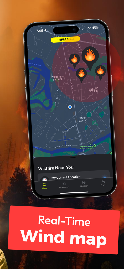 Wildfire tracking app interface showing a real time fire map with wind data alerts