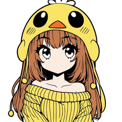 anime girl with chick shaped hat with sweater with bare shoulders with bangs covering them one eye with low tail