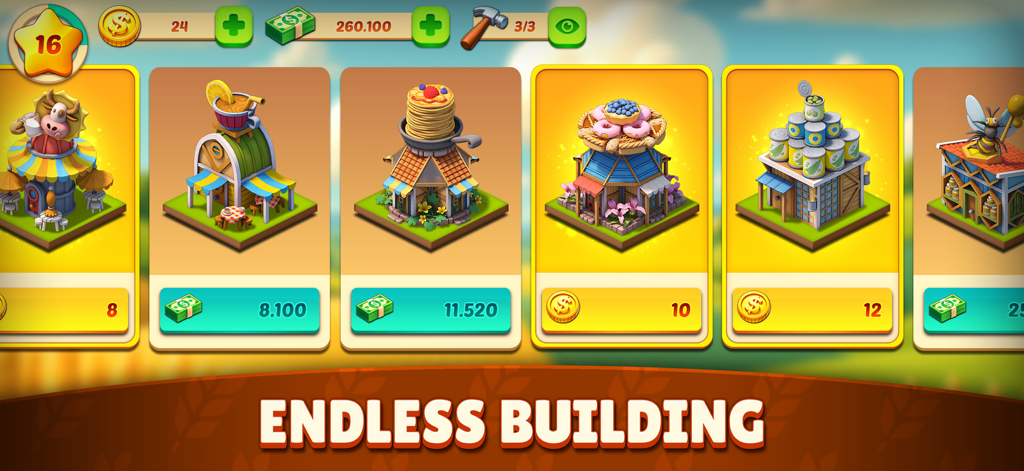 Animal Farm Life: Town Farming - Animal Farm Lifeの建築メニューにある、カラフルな3D農場の建物やショップのセレクション