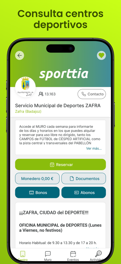Página de perfil de una instalación deportiva municipal en la aplicación Sporttia mostrando opciones de reserva y billetera virtual.