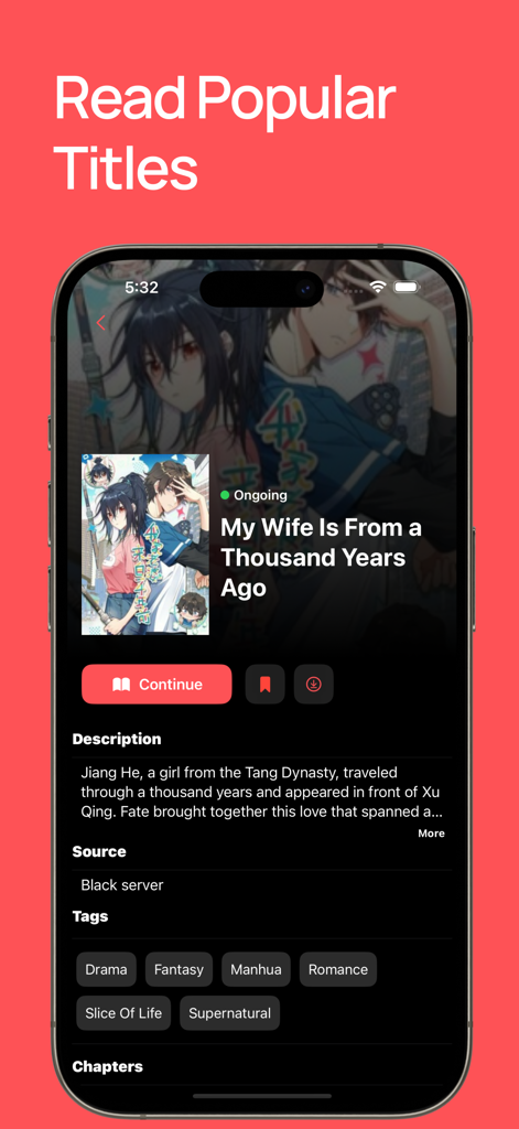 Kuro Manga Reader - Kuro Manga Reader app interface displaying a popular manga title with description and category tags on a smartphone.