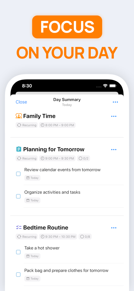 SuperPlanner: Daily Planner - Interface of SuperPlanner app displaying a detailed daily summary with recurring routines and task checklists for productivity