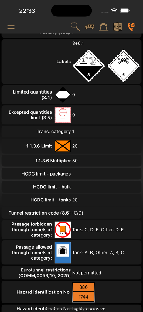 ADR Tool 2025 Dangerous Goods - ADR Tool 2025 app screen displaying hazard labels and tunnel restriction codes