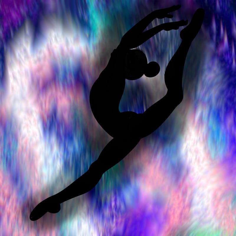 gymnast doing a leap in a leotard with a bent back leg
