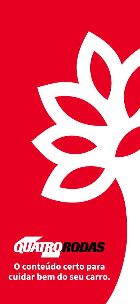 Quatro Rodas - Tela de introdução do aplicativo Quatro Rodas com logotipo e slogan em fundo vermelho