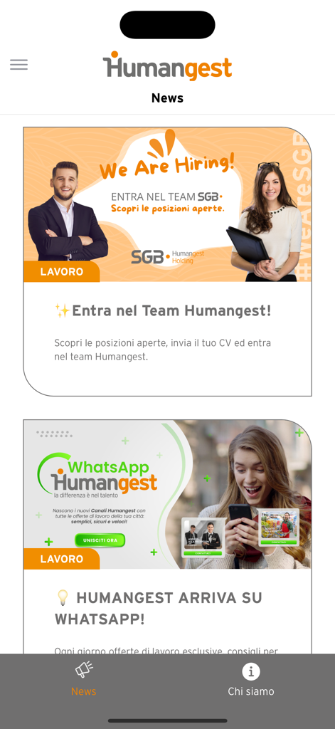 Humangest - Humangest app news feed showing recruitment announcements and WhatsApp integration.