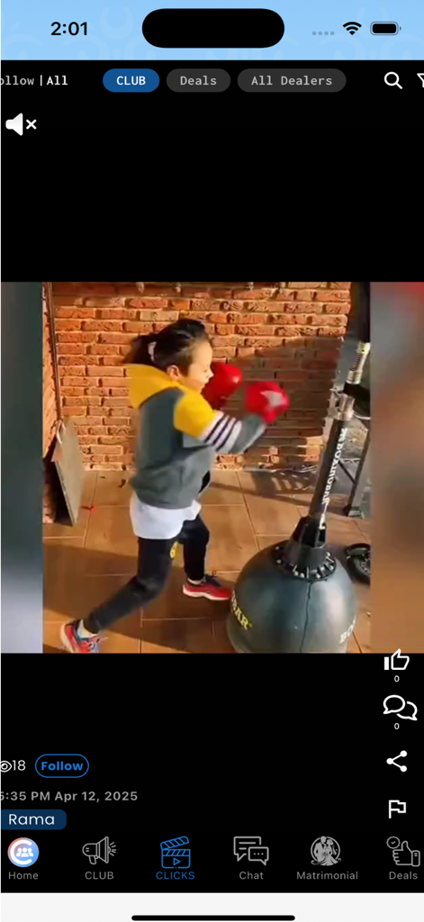 Community CLUB - Community CLUB app interface showing a video post in the Clicks section featuring a child boxing
