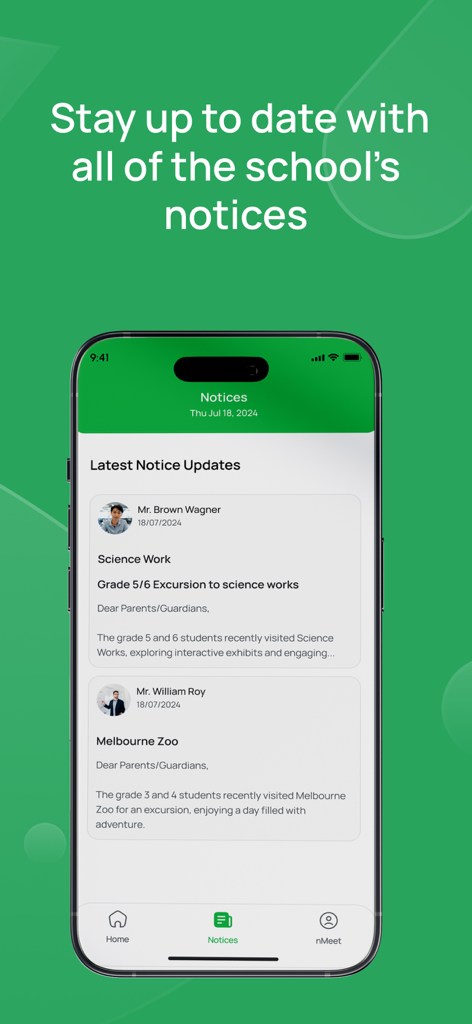 nForma For Parents - nForma For Parents app displaying the latest school notices and event updates on a smartphone.
