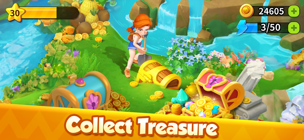 Felicia gräbt in Family Farm Adventure nach goldenen Schatztruhen voller Münzen