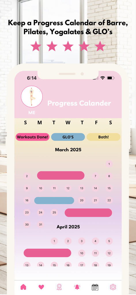 Barre Workouts by Fittbe - A mobile screen showing the Fittbe app progress calendar for tracking barre and pilates workout streaks